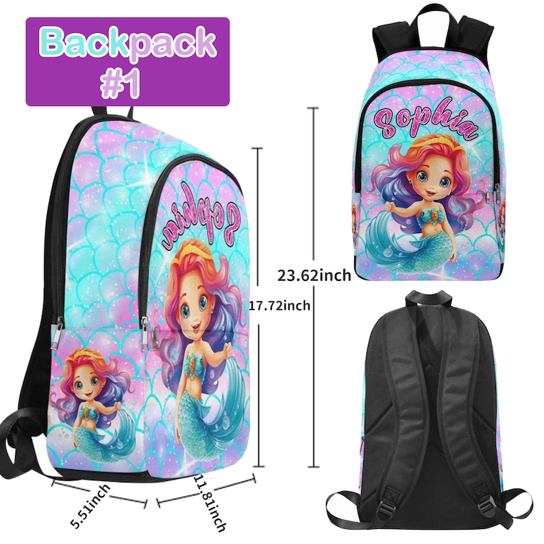 May include: A blue and pink mermaid-themed backpack with a personalized name "Sophia". The backpack has a large main compartment, a front pocket, and adjustable straps. It measures 11.81 inches wide, 17.72 inches tall, and 5.5 inches deep.