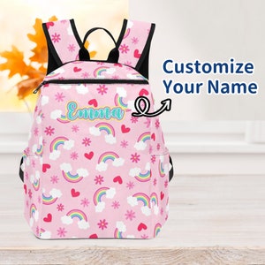 Regenbogen Rucksack für Kinder, benutzerdefinierte Rucksack für Mädchen, Kleinkind Rucksack Mädchen, rosa und weiße Rucksack, Name Lunch Bag, Schulanfang Federmäppchen