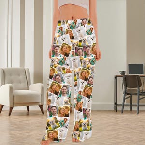 May include: White pajama pants with a collage of photos printed on them. The photos include people, dogs, and outdoor scenes.