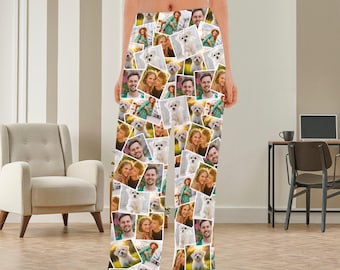 May include: White pajama pants with a collage of photos printed on them. The photos include people, dogs, and outdoor scenes.