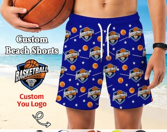 Custom Sport Team Logo Beach Shorts,Personalized Ball Youth Swim Trunks,Gifts for Coach