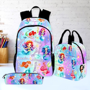 Personalisierte Meerjungfrau Rucksack und Lunch Bag Set: Wasserdichte Kinder Schultasche