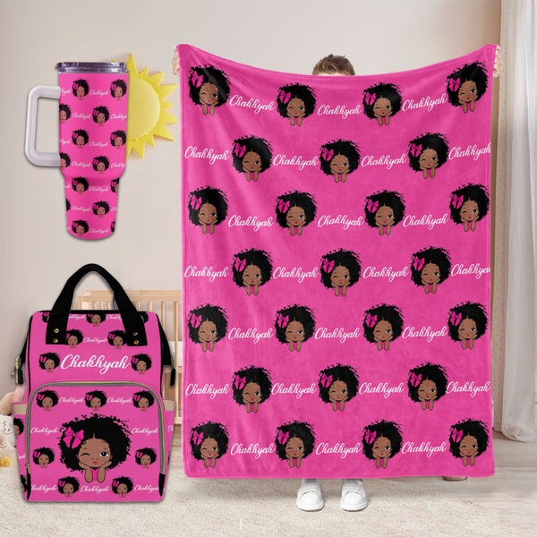 Custom Blanket with Name,Pink and Black Diaper Bag,Custom Girl Diaper Backpack,Personalized Africa Girl Bag,Personalized Name Diaper Bag