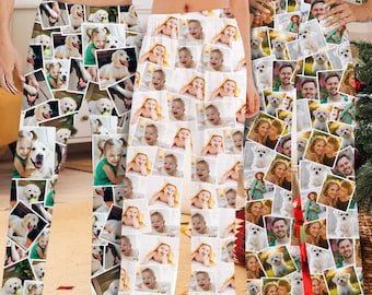 May include: White pajama pants with a pattern of various photos of people and animals. The photos are arranged in a grid pattern and are surrounded by white borders.
