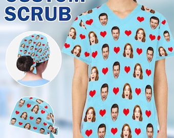 Custom Photo Scrub Top and Cap, Personalized Nurse Gift