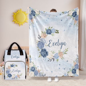 Monogrammed Diaper Bag,Personalized Diaper Bag,Floral Diaper Bag,Baby Name Diaper Backpack,Baby Shower Blanket and Backpack,New Mom Gift