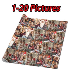 May include: A Christmas wrapping paper design featuring 20 different photos of people in festive attire, holding gifts and smiling. The paper is printed with a repeating pattern of the photos.