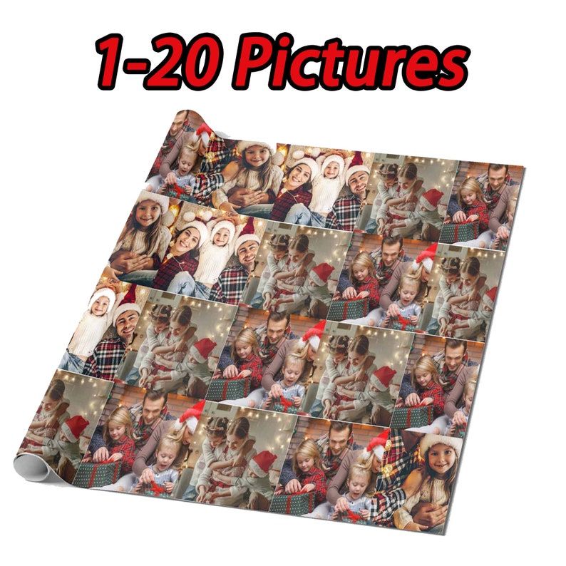 May include: A Christmas wrapping paper design featuring 20 different photos of people in festive attire, holding gifts and smiling. The paper is printed with a repeating pattern of the photos.