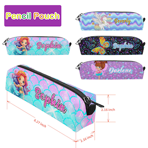 May include: A blue and pink pencil pouch with a mermaid design and the name "Sophia" printed on it. The pouch measures 8.27 inches long and 2.16 inches wide.
