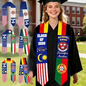 May include: A graduation stole featuring various national flag designs, the text "CLASS OF 2026", "SCHOOL NAME", and "Jennifer Aniston", along with a university crest. The stole is worn over a black graduation gown and cap with a tassel.