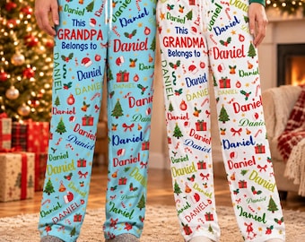 Custom Name Christmas Pajamas Pants, This Grandpa Belongs to PJS,Personalized Xmas Pajama Bottoms