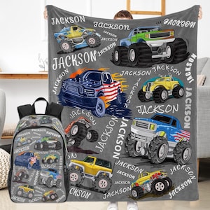 Personalized Monster Trucks Blanket,Boys Truck Blanket,Customized Kids Name Blanket,Toddler Boy Blanket Monster Truck,Birthday Gift for kids