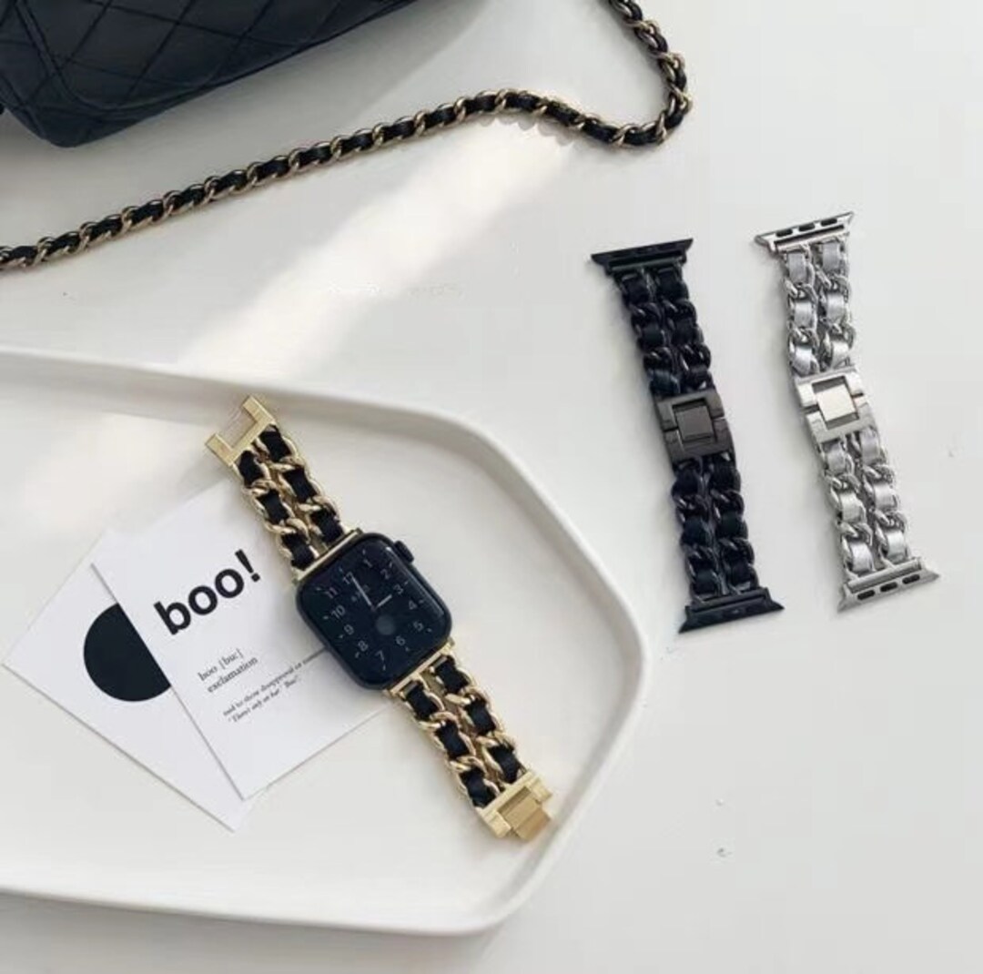 Apple Watch Chain Double Row Chain & Leather Link Watch Band Etsy