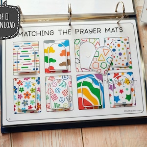 May include: A set of colourful prayer mats with different patterns, including stripes, clouds, flowers, and geometric shapes. The mats are designed for matching activities and are labelled "Matching the Prayer Mats".