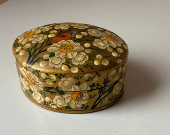 Vintage Lacquered Gift Trinket Box Hand Made in Kashmir - Bird and Flowers