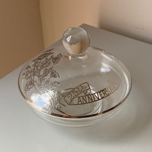 Vintage 25th Anniversary Lidded Glass Bowl with Silver Overlay