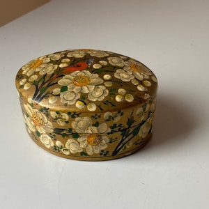 Vintage Lacquered Gift Trinket Box Hand Made in Kashmir - Bird and Flowers