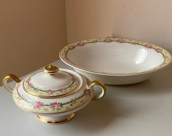 Antique KT and K China Serving Set – Pink Roses and Gold Trim – Sugar Bowl with Lid and Serving Bowl