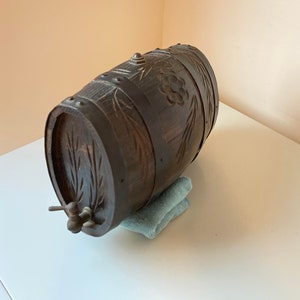 Vintage Hand-Carved Wood Barrel Keg with Spout – Rustic Decorative Vessel