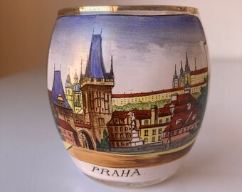 Antique Souvenir Glass With Painted Scene of Praha (Prague)