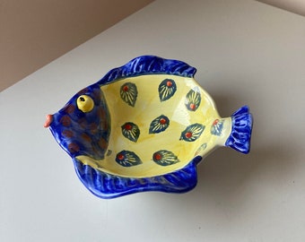 Vintage Italian Hand Painted Fish Bowl – Blue Yellow Ceramic Pottery
