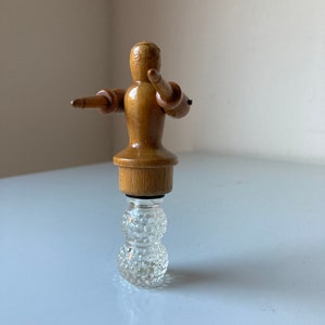 Unique Vintage Pressed Glass Perfume Bottle with Wooden Peg Figure Topper
