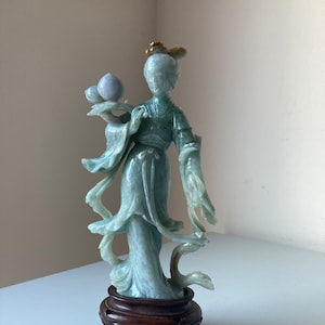 Early 20th Century Chinese Carved Jadeite Jade Standing Lady Immortal Guanyin on Fitted Wood Stand