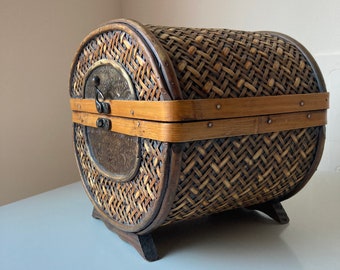 Antique Woven Bamboo Rattan and Wood Chest With Tin Accents