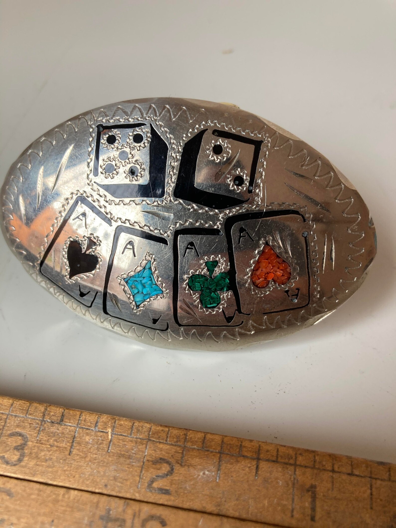 Vintage Handmade Western Belt Buckle Engraved With Dice & Playing Cards ...
