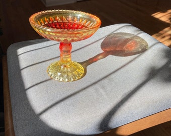 Vintage Amberina flash pressed glass pedestal compote
