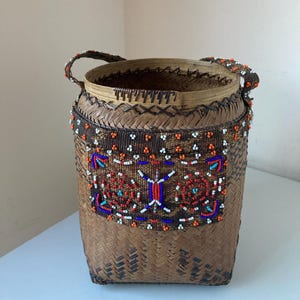 Borneo Dayak Indonesian Woven Rattan and Beaded Iban Basket