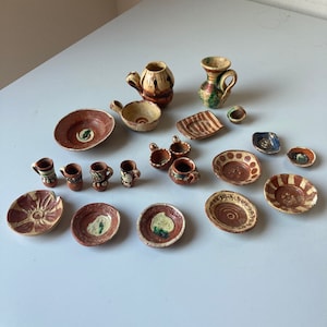 21 Pieces Handmade and Painted Pottery Miniature Service Ware Play Set - Dollhouse Accessories