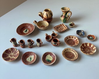 21 Pieces Handmade and Painted Pottery Miniature Service Ware Play Set - Dollhouse Accessories