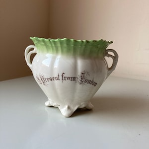 Antique &quot;Present From London&quot; Souvenir Porcelain Vase – Victorian Transferware with Gilded Detail