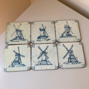 Set of 6 Vintage Pimpernel Coasters - Blue and White Windmills
