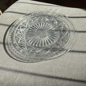 10 Vintage Pressed Glass Dishes - 8 Starburst Pressed Glass Plates and 3 Candlewick Style Beaded Plates