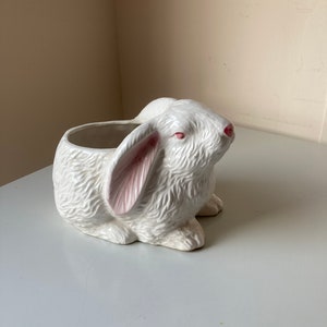 Vintage Porcelain Rabbit Planter White with Pink Accents