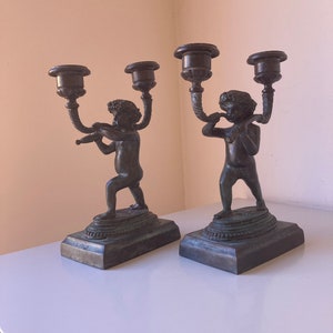 Pair of Vintage Bronzed Maitland Smith Cherub Candelabras