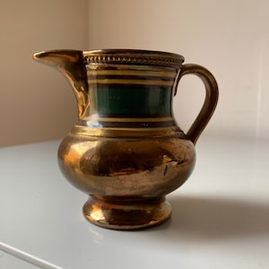 Antique Copper Luster English Creamer - Gold with Green Stripe Lusterware
