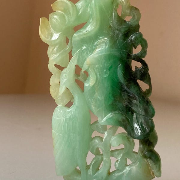 Antique Chinese Carved Jadeite Jade Pendant - Depicting a Crane Amongst Lingzhi and Blossoms Carved Beautifully in the Round