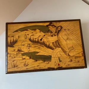 Antique Burnt Wood Pyrography Painted Box With Beautifully Painted Folk Art Scene
