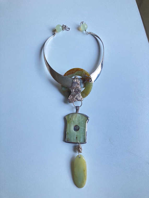 Studio Artisan Sterling Silver Collar Necklace With Repurposed Chinese Jade Amulets – Signed “By Shirley” – One of a Kind Statement Jewelry