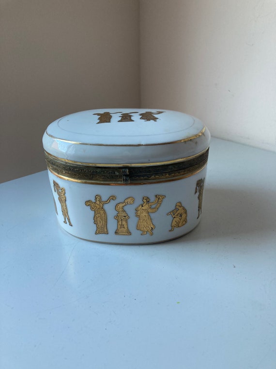 Vintage ISCO Porcelain Dresser Box with Gold Gilt Greco Roman Figures