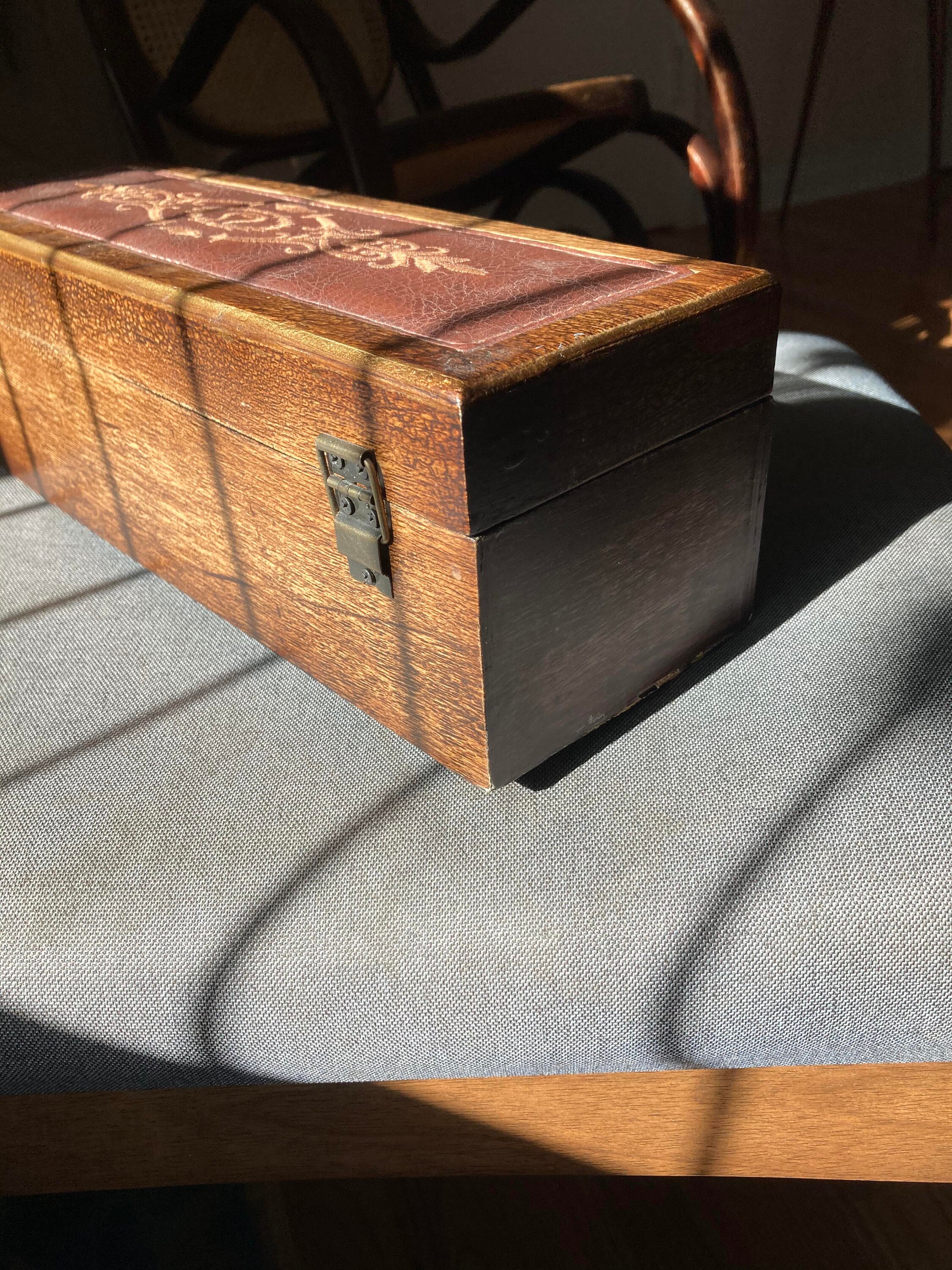 Vintage Wood With Inlay Leather Top Jewelry Box Etsy