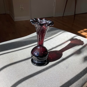 Antique Purple  Handblown Art Glass Bud Vase - Swirl Optic Ruffled Rim