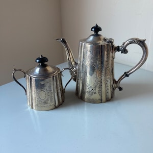 Victorian Silver Plate Teapot & Sugar Bowl Set by Barker Bros – EPBM, Birmingham England - Antique