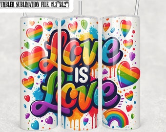 Emballage pour gobelet arc-en-ciel vibrant « Love is Love » | Fichier PNG design sublimation de gobelet fierté colorée pour gobelets DIY | Parfait pour les cadeaux de fierté
