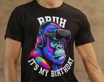 Funny Bruh c'est mon anniversaire gorille PNG néon Gamer Ape VR casque sublimation téléchargement numérique pour garçons hommes anniversaire chemise Design imprimable