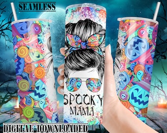 spooky mama tumbler wrap,mom life helloween png,girl pumpkin witch seamless,messy bun sublimation,ghost tumbler wrap,halloween tumbler