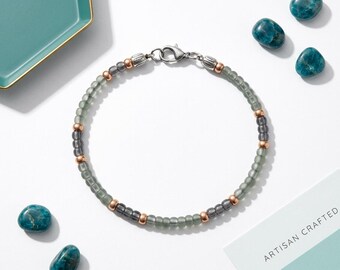 Handmade Clear Green & Grey Beaded Anklet with Lobster Clasp